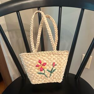 Girls Floral Embroidered Straw Bag